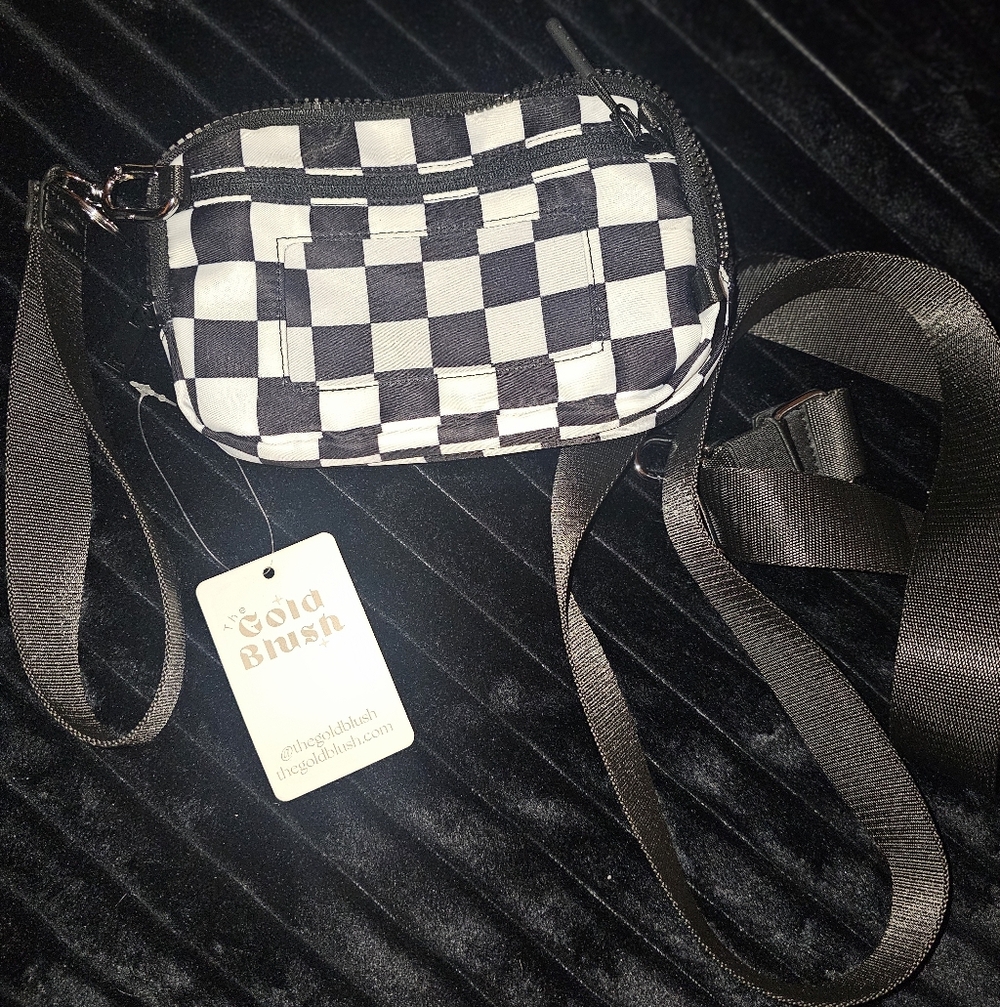 Gold Blush RFID Protected Black and White Checkered Crossbody Bag Nwt